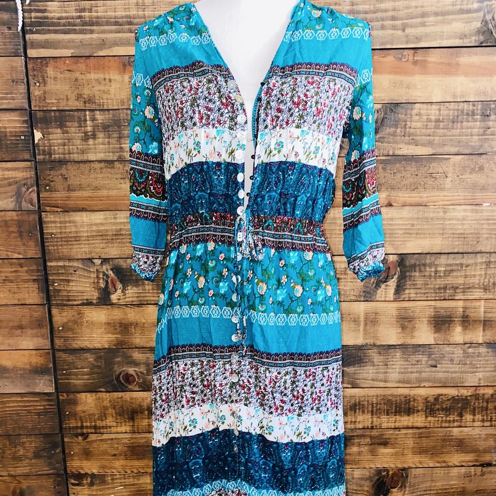 H Womens Boho Blue Floral Dress